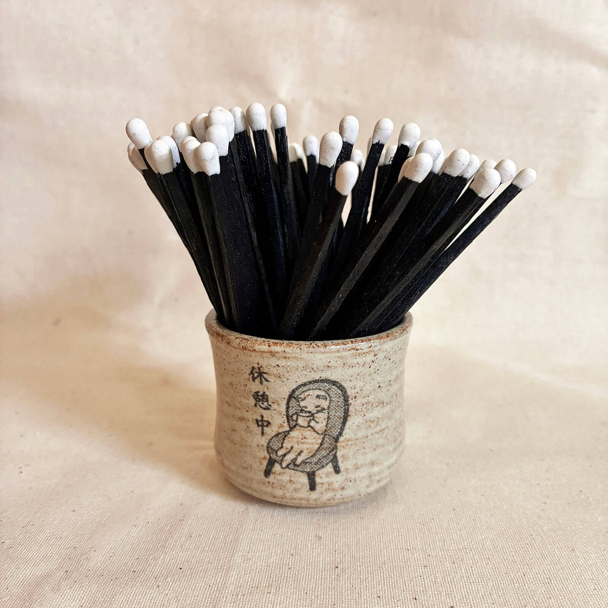 Natural speckled cream Match Pot with a cat decal