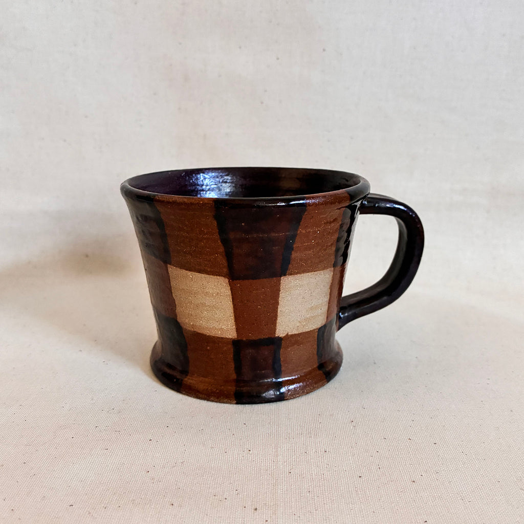 Taper Mug with tenmoku, chestnut and toasted clay gingham design