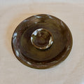 Olive-green and brown glazed olive dish with white flashes