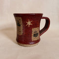 Russet diner mug on lava-fleck clay with Water-Clay-Flame transfer graphics